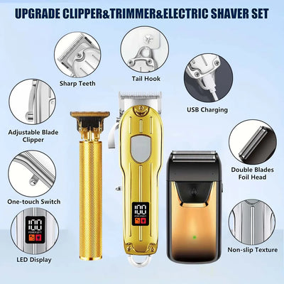 Professional Hair Clipper and Trimmer Set Men Electric Razor Shavers Beard Trimmer Rechargeable Barber Clippers Haircut Kit - Smarsty