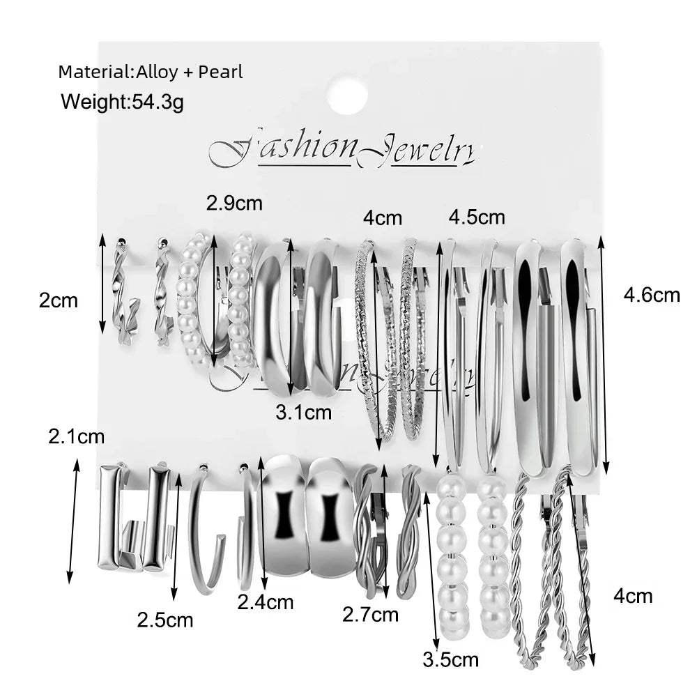 24 Pcs Vintage Silver Pearl Hoop Earrings Set - Smarsty