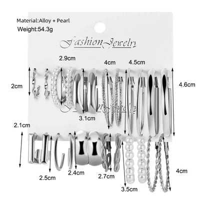 24 Pcs Vintage Silver Pearl Hoop Earrings Set - Smarsty