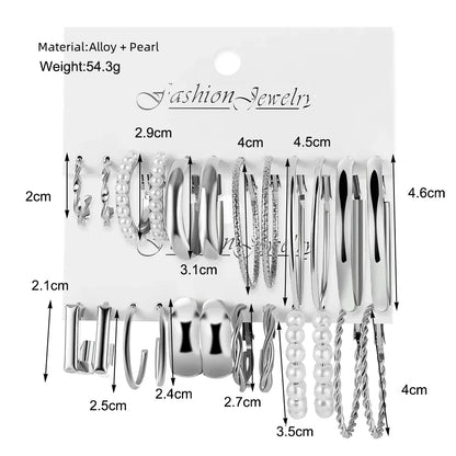 24 Pcs Vintage Silver Pearl Hoop Earrings Set - Smarsty