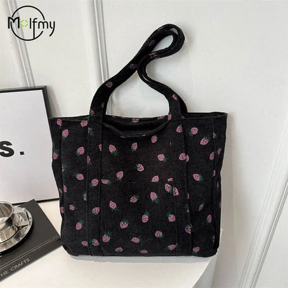 Corduroy Handbag Strawberries Beach Tote Large Capacity - Smarsty