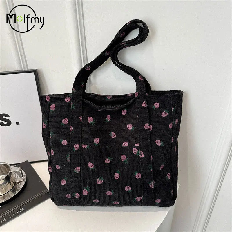 Corduroy Handbag Strawberries Beach Tote Large Capacity - Smarsty
