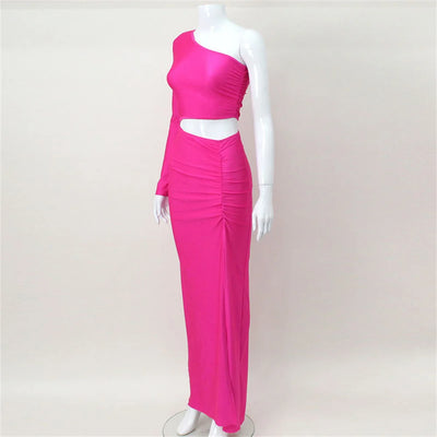 CNYISHE One Shoulder Cut Out Split Ruched Maxi Dress for Women Elegant Party Prom Gown Dresses Woman Sexy Birthday Outfits Robes - Smarsty