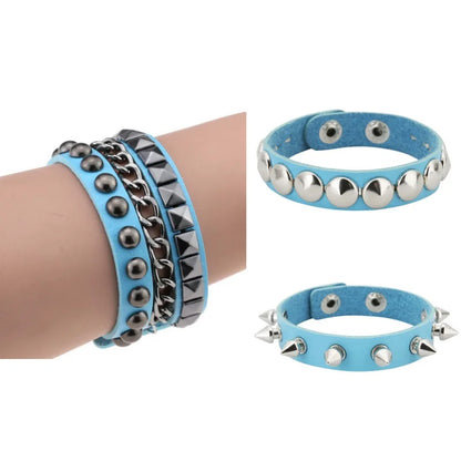Black Goth Leather Bracelets Set with Spike Rivets - Smarsty
