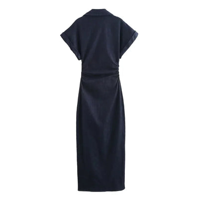 ETJ 2025  Spring New 1975 series denim MIDI dress with lapel side zipper fashion wrinkle waist slim elegant dress - Smarsty