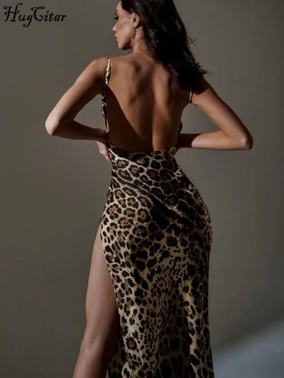 Hugcitar Leopard Print Swing Collar Sleeveless Sexy Maxi Slit Prom Dress Summer Women Fashion Y2K Clothes Party Beach Vacation - Smarsty