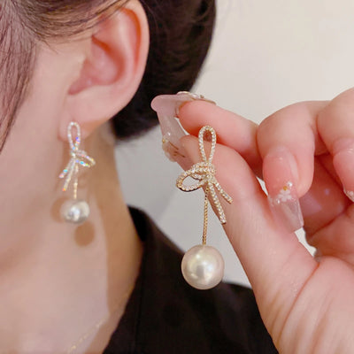 Elegant Pearl Bow Knot Earrings With Diamond Accent - Smarsty