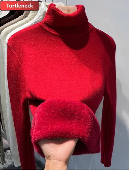 Turtleneck Winter Sweater Women Elegant Thicken Velvet Lined Warm Sueter Knitted Pullover Slim Tops Jersey Knitwear Jumper New - Smarsty