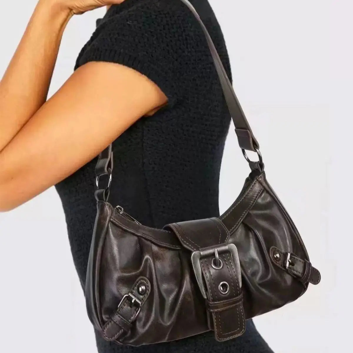 Vintage Leather Shoulder Mini Bag Y2K Wasteland Style - Smarsty