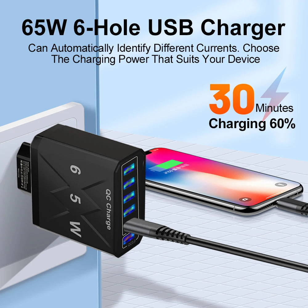 65W 6 Port USB Charger Fast USB QC3.0 Travel Adapter - Smarsty
