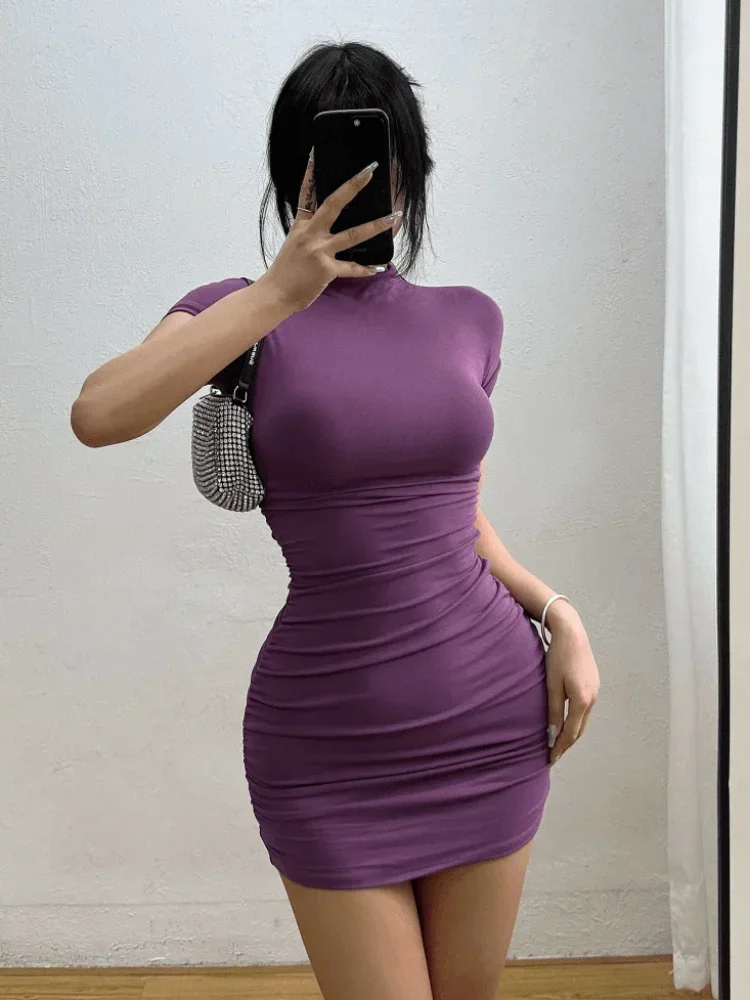 Sexy Tight Half High Collar Pleated Waist Mini Dress Spicy Girls Slim Dresses Bodycon Women Vestidos Cortos Party Mujer Clothing - Smarsty