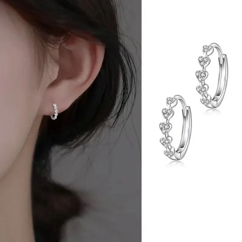 Tiny Heart Hoop Earrings Silver Zircon Shiny Wedding - Smarsty