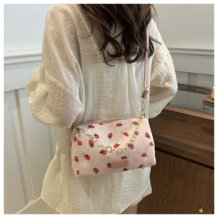 Corduroy Underarm Bag For Women Strawberry Print Mini Tote - Smarsty