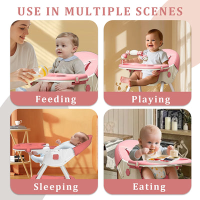 Foldable Baby High Chair 4-in-1 Foldable Reclining Feeding Table Chair Seat 7 Heights With Toyrack Easy To Clean Feeding