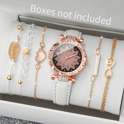 Fashion Heart Dial Women's Watch Set with Leather Band - Smarsty