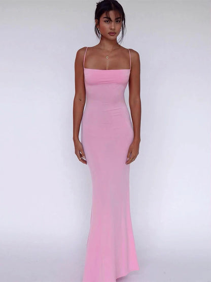 Hugcitar 2025 Spring Solid Sleeveless Backless Elegant Sexy Bodycon Y2K Maxi Prom Dress Women Clothes Birthday Party Casual Y2K