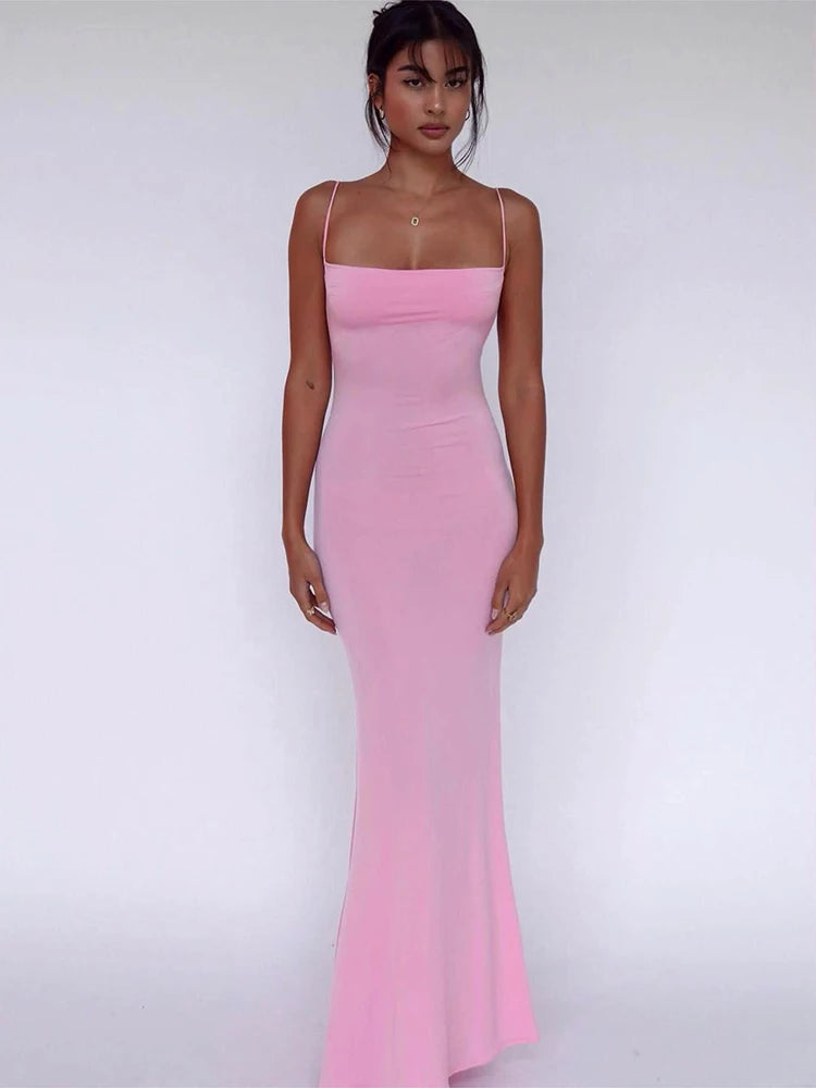 Hugcitar 2025 Spring Solid Sleeveless Backless Elegant Sexy Bodycon Y2K Maxi Prom Dress Women Clothes Birthday Party Casual Y2K