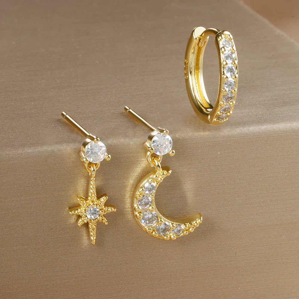 3Pc Stainless Steel Star Stud Earrings Sparkling Zircon - Smarsty