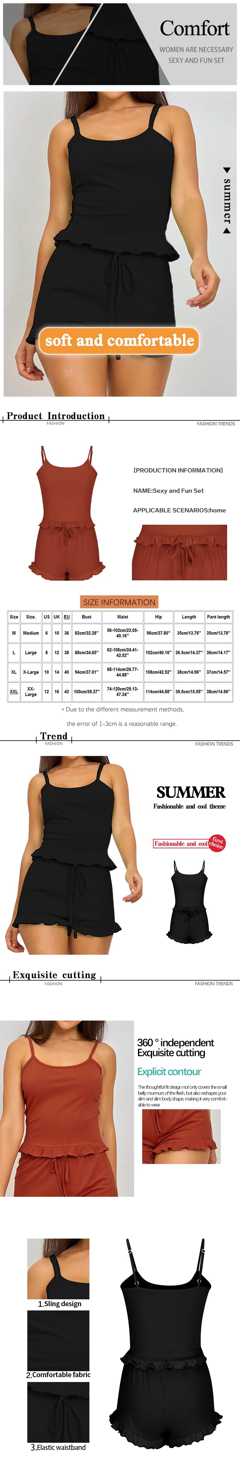 Summer Two-Piece Solid Color Sleepwear Round Neck Sexy Suspender Ribbed Knitted Pleated Vest Shorts Casual Women's Sleepwear Set - Smarsty