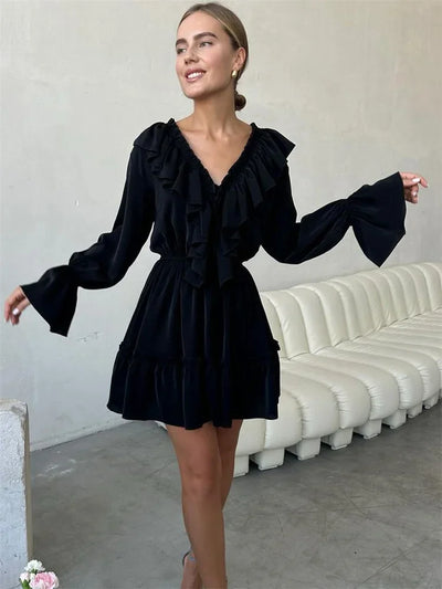 Talenza White Ruffle Bandage Mini Dress Women's Elegant Patchwork Long Sleeve Dress New Slim V Neck Lace Up Summer Mini Dress - Smarsty