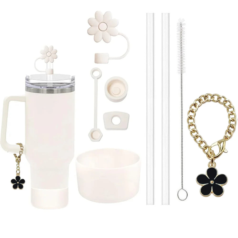 9pcs Accessories Set 3 Spill Proof Stopper Flowers Straw Cover Boot 2 Straw and Brush and 1 Flower Charm Chain for Stanley Cup - Smarsty