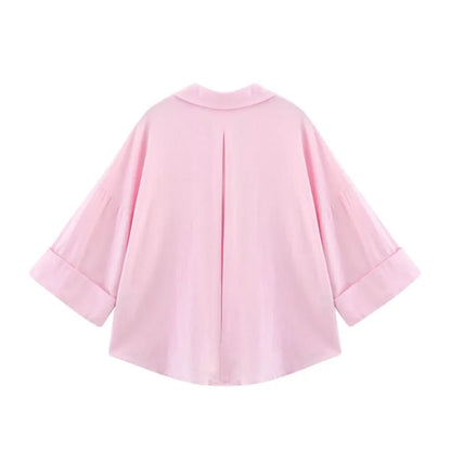 HipSeam Wide Sleeved Shirt Women Spring Asymmetric Hem Button Women's Shirts Simple Lady Johnny Collar Linen Shirts & Blouses - Smarsty
