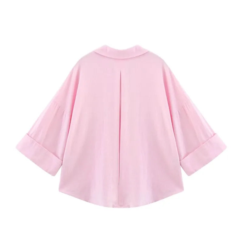 HipSeam Wide Sleeved Shirt Women Spring Asymmetric Hem Button Women's Shirts Simple Lady Johnny Collar Linen Shirts & Blouses - Smarsty