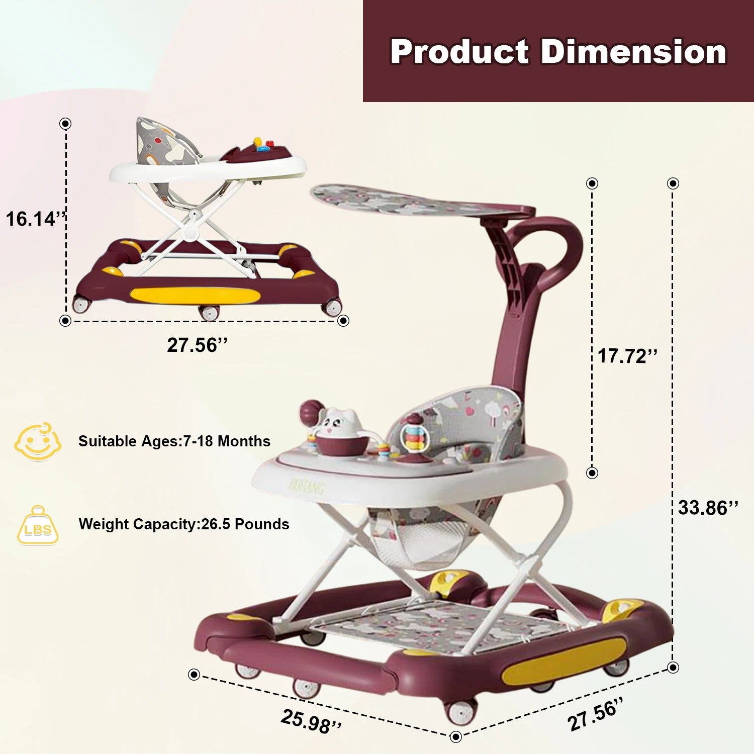 Baby Multi-Functional Comfortable Walker With Awning Anti-Rollover Baby Walker Can Sit Adjust And Shake The Walker For Boy Girls