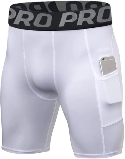 Mens Gym Shorts with Pockets Workout Compression Leggings for Men Polyester Boxer Briefs Running Basketball Athletic Tights - Smarsty