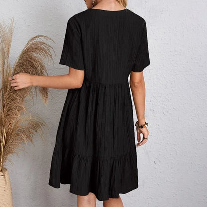 2025 Loose V-neck Short Sleeved Pleated Women Dress Solid Color A-line Beach Dresses Elegant Simple Comfortable Woman Clothing - Smarsty