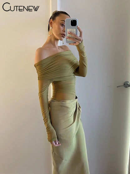 Cutenew Mesh Ruched Women Maxi Dress Sexy See Through Off Shoulder Long Sleeve Sheath Vestidos Female Midnight Party Solid Robe - Smarsty