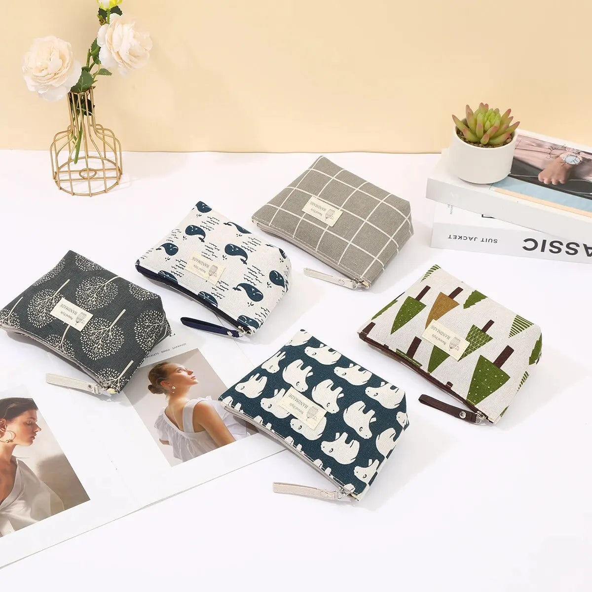 Canvas Cosmetic Bag Zipper Case With Card Holder For Travel - Smarsty