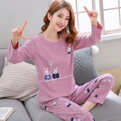 Autumn Thin 2pieces Pyjamas Set Women 2025 Round Neck Girls Bear Pajamas Sets Teacup Cat Full Sleepwear Tops lovers Pajama Mujer - Smarsty