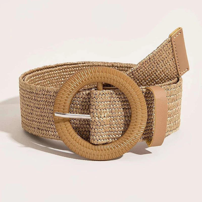 Women Boho Straw Belt with Round Buckle for Beach - Smarsty
