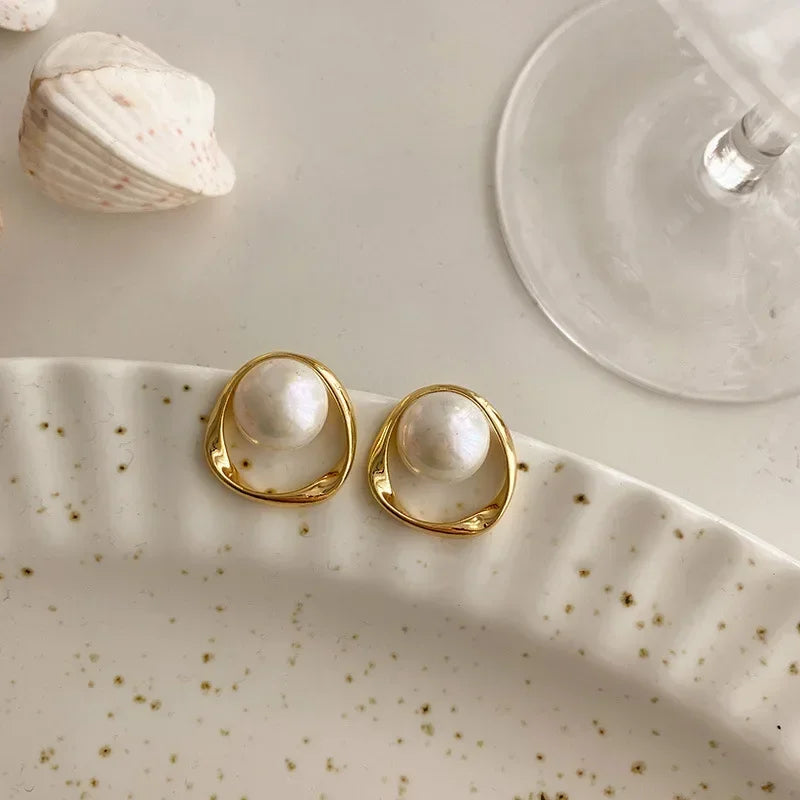 Gold Pearl Stud Earrings Korean Irregular Delicate 2023 - Smarsty