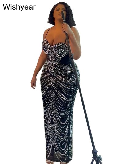 New Luxury Sparkly Crystal Rhinestone Pearl Celebrities Gown Brown Dress Woman Strap Evening Party Birthday Prom Wedding Vestido - Smarsty
