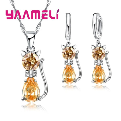 Real 925 Sterling Silver Cat Pendant Jewelry Set - Smarsty