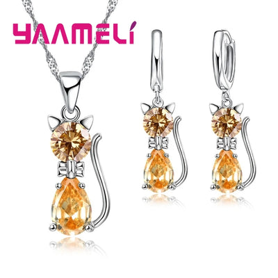 Real 925 Sterling Silver Cat Jewelry Set with Austrian Crystals - Smarsty
