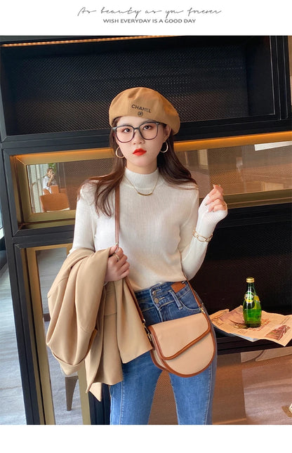 Autumn Winter Mock Neck Women Sweater Vintage Basic Solid Knitted Korean Tops Casual Slim Pullover Sweaters Simple Chic Jumpers - Smarsty