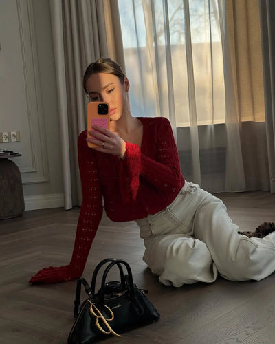 TARUXY Hollow Knitted Cardigan Women's Solid Long Sleeve V Neck Short Sweater Top Summer 2025 New Female Crochet Casual Outwear - Smarsty