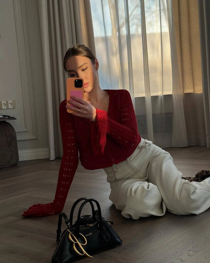 TARUXY Hollow Knitted Cardigan Women's Solid Long Sleeve V Neck Short Sweater Top Summer 2025 New Female Crochet Casual Outwear