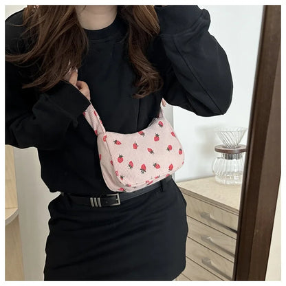 Corduroy Underarm Bag For Women Strawberry Print Mini Tote - Smarsty