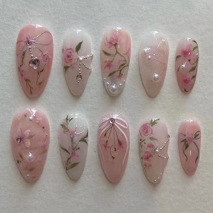 24 Piece Pink Almond Fake Nail Set With Bowknot Design - Smarsty