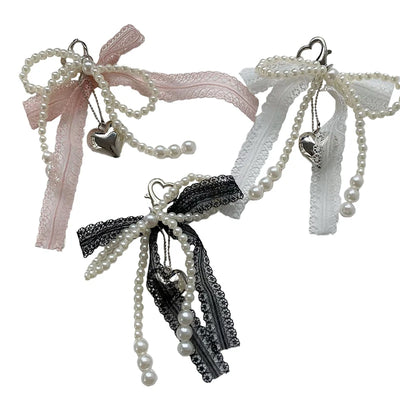 2025 New Sweet Pearl Bow Keychain Heart Lace Pendant Car Keychain Korean Y2K Beauty Girl Bag Pendant Accessory Gift - Smarsty