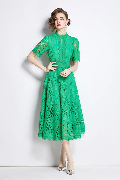 H Han Queen Spring New Elegant Casual Work Party Dresses Floral Crochet Hollow Out Lace Patchwork Casual Office Midi Dress - Smarsty