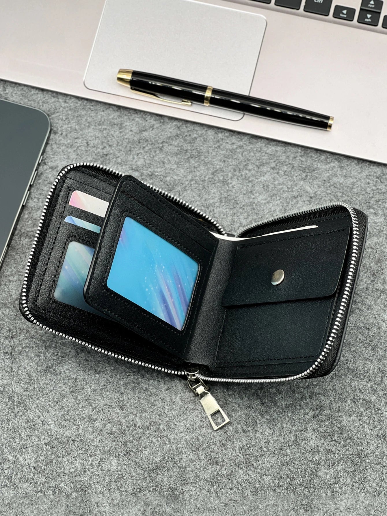 Zippered Slim Mens PU Wallet - Compact Size for Coins & Cards - Business Design - Smarsty