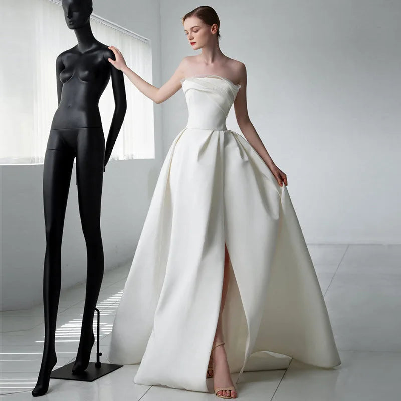 French Luxury White Satin Trailing Wedding Dresses for Bride 2025 Women Elegant Sexy Strapless Long Prom Party Dress vestidos