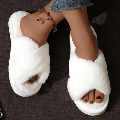 Cross Warm Fluffy Furry Slippers Women Lightweight Flat Heels Fur Slides Woman Autumn Winter Open Toe Non Slip Home Floor Shoes - Smarsty