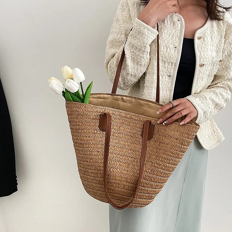 Large Capacity Straw Beach Tote Woven Shoulder Bag Summer - Smarsty