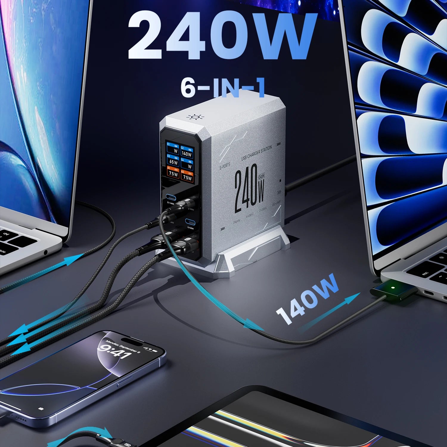 GaN Charger 6 Port USB C PD Desktop RapidChargeProMax - Smarsty